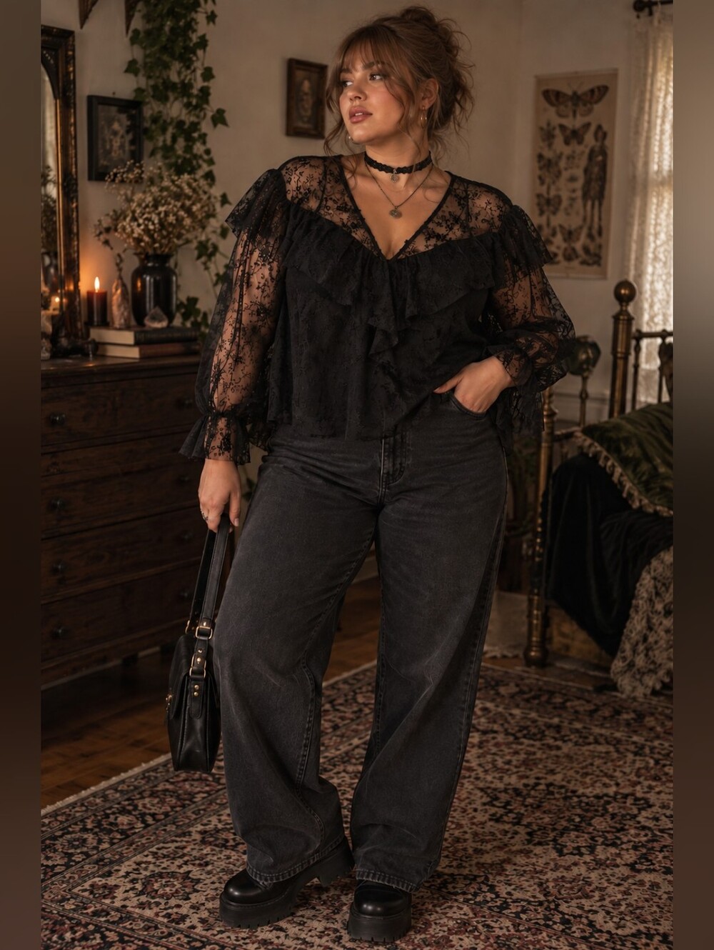 Zara XL Black Velvet Burnout Floral Mesh Ruffle Blouse Sheer Whimsigoth Goth